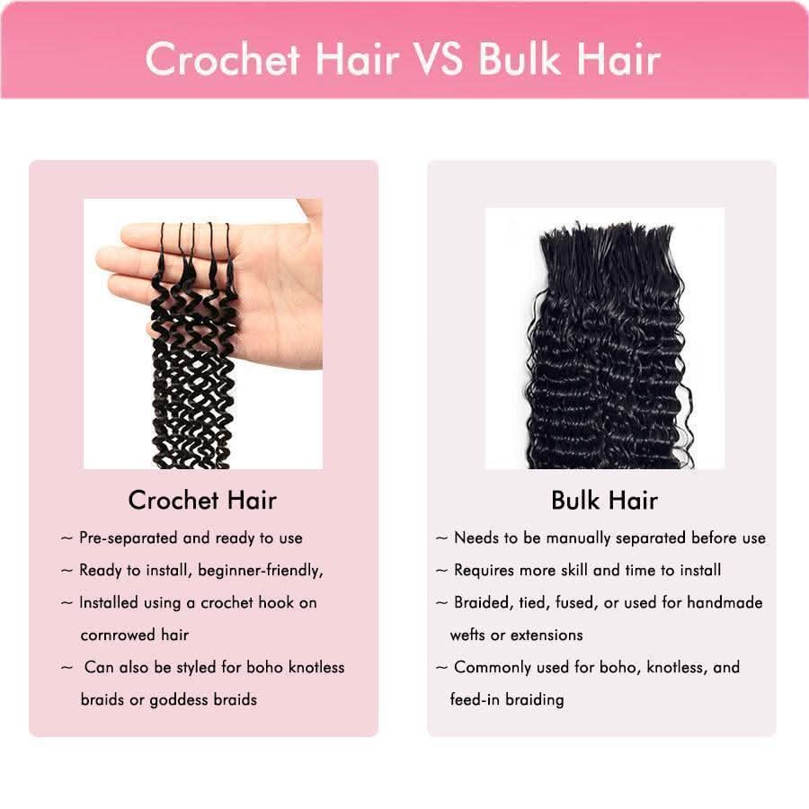 Comparison showing crochet hair with loops on a crochet hook versus bulk hair in loose bundle form