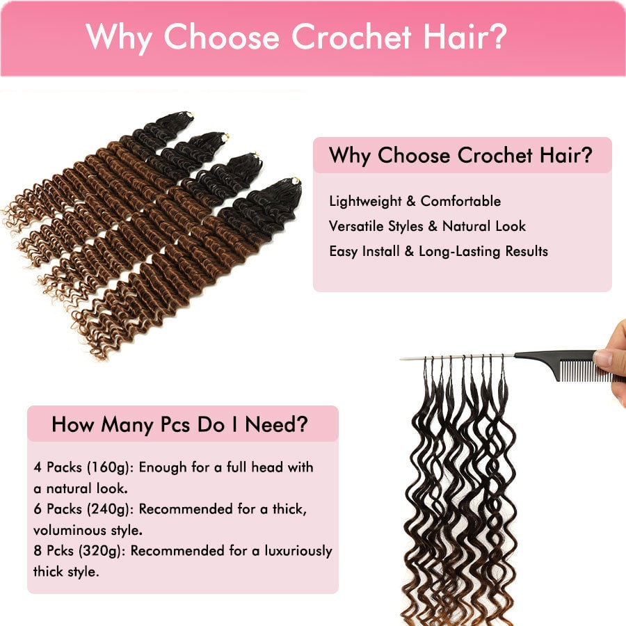 Multiple packs of deep wave crochet hair in black and brown colors displayed together, with styling benefits listed