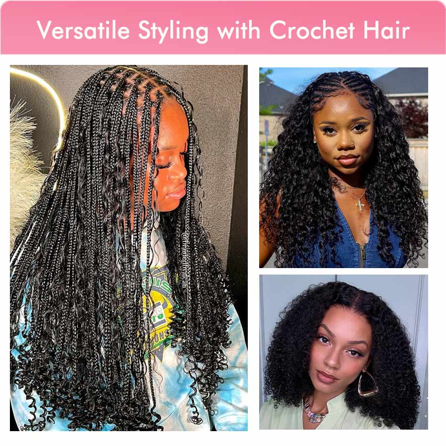 Three styling examples featuring curly crochet hair: braided protective style, long curly wig, and shoulder-length curly style