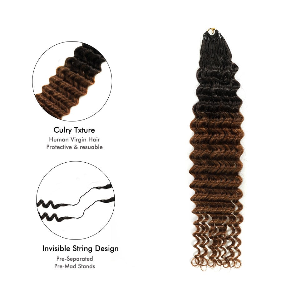 Curly texture human virgin hair bundle with black roots fading to brown, alongside invisible string design detail showing pre-separated strands