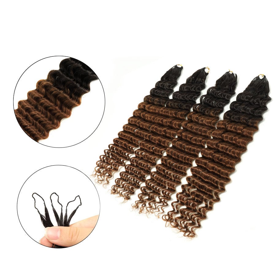 Four bundles of deep wave hair extensions showing ombre color gradient from black to brown