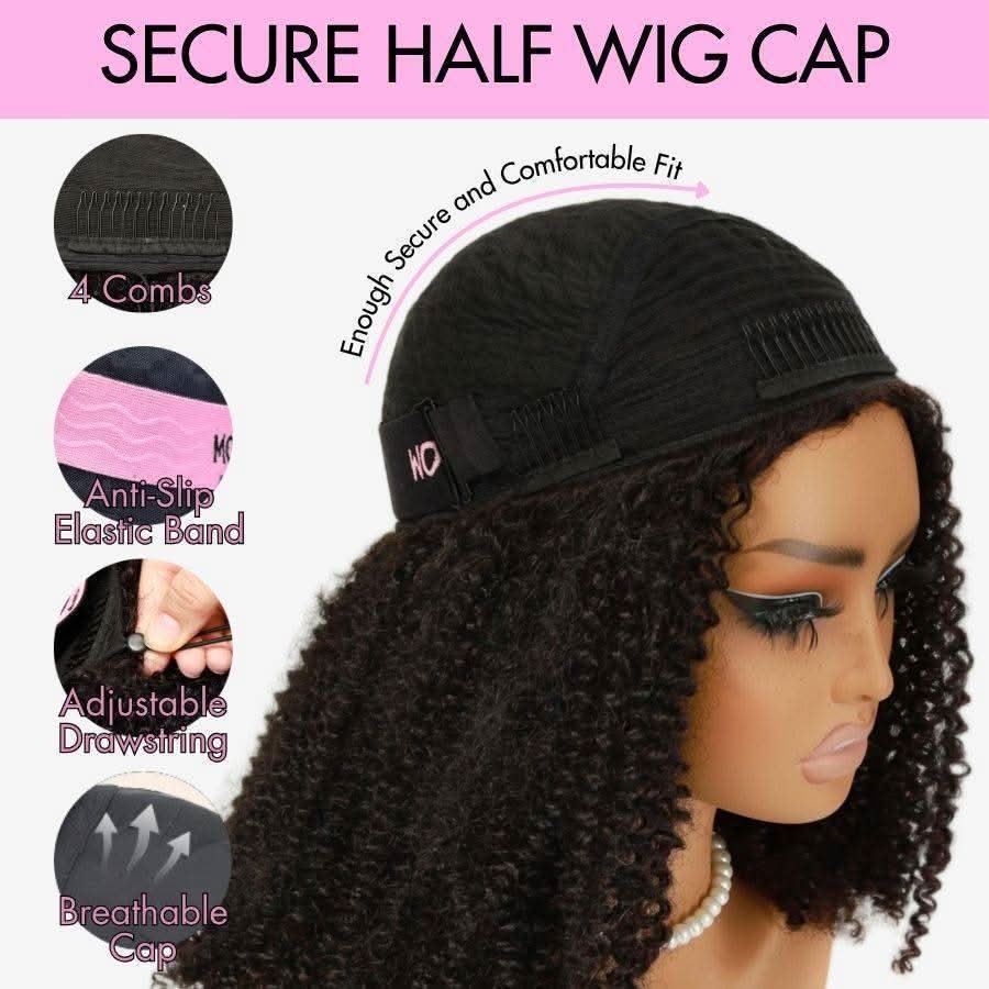 Infographic showing secure half wig cap features including combs, elastic band, and drawstring